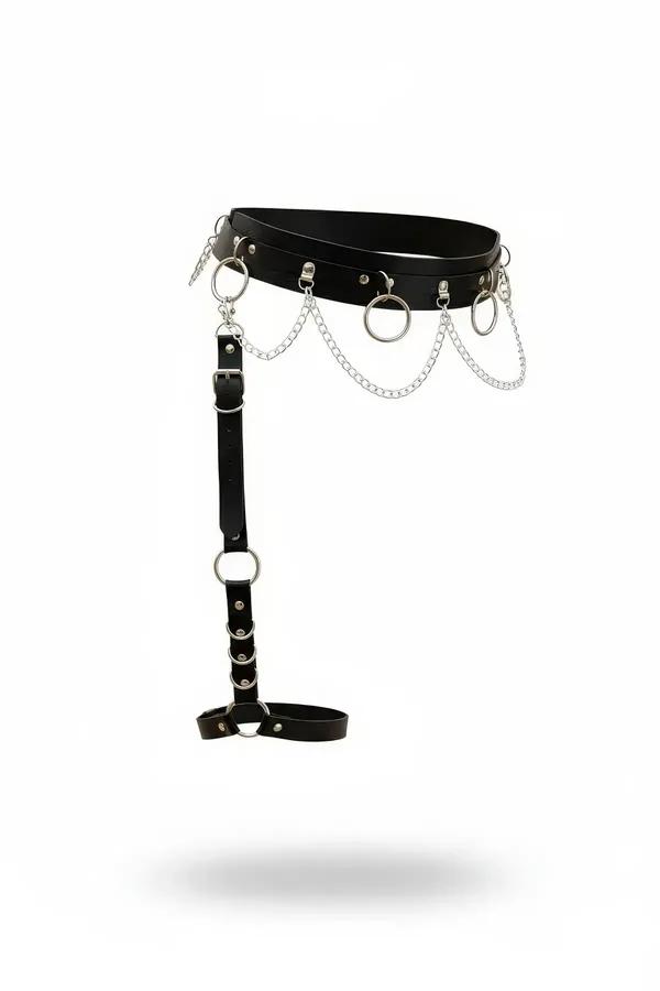 Siyah faux leather jartiyer harness gümüş O-halka ve zincir detaylı tek bacak aksesuarı