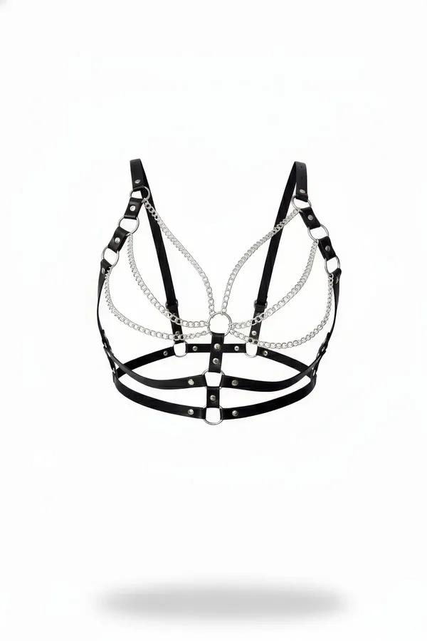 black faux leather harness bra with three-strand draped silver chains and O-ring hardware, front view