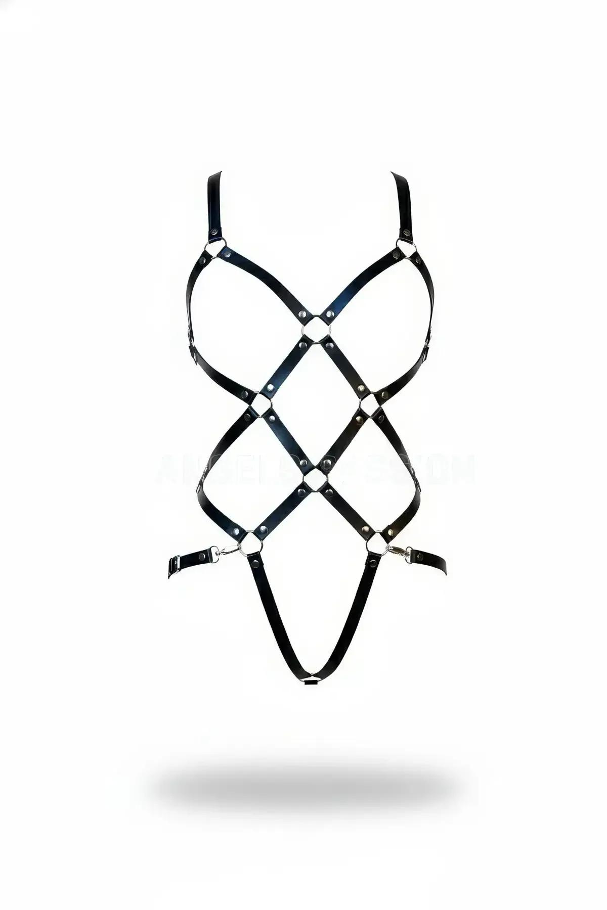 Siyah faux deri kafes body harness tam vücut aksesuar gümüş metal halka bağlantı noktaları