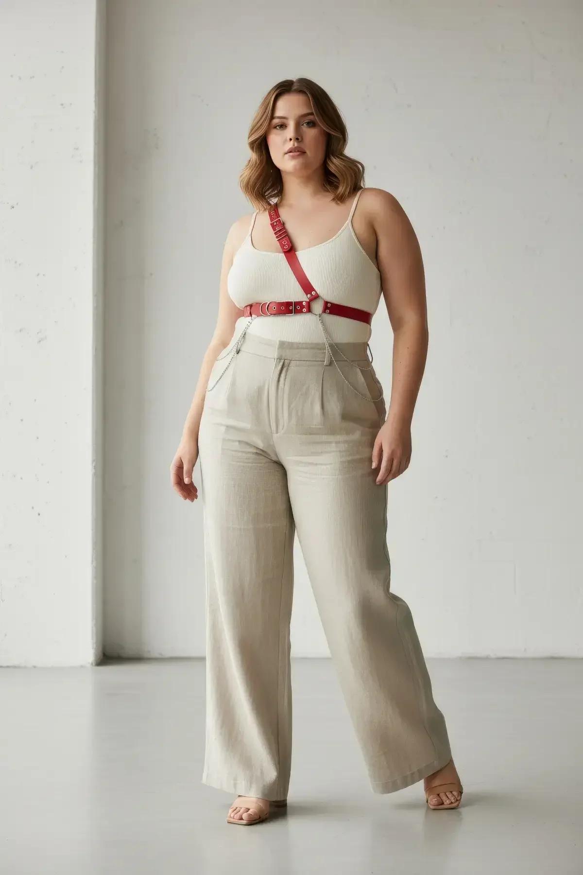 red faux leather single shoulder body harness with silver studs and O-ring worn over white tank top