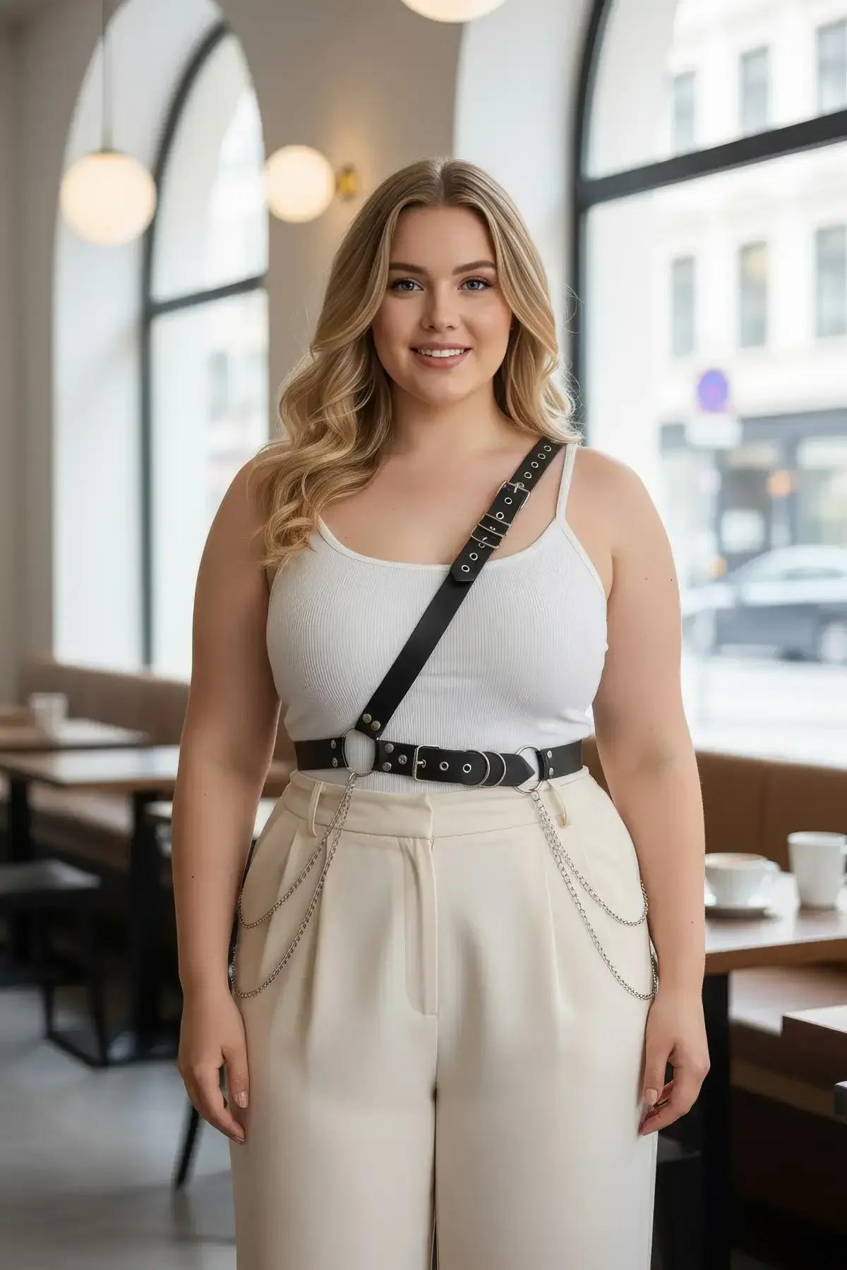 black faux leather single shoulder harness belt with silver chains and o-ring worn over white tank top