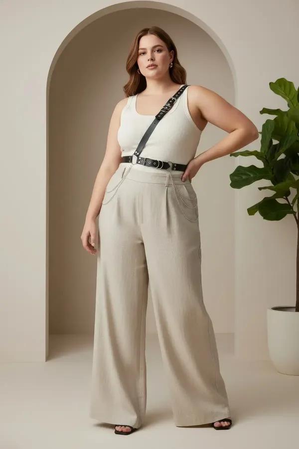 black faux leather single shoulder harness belt with silver chains and o-ring worn over white tank top