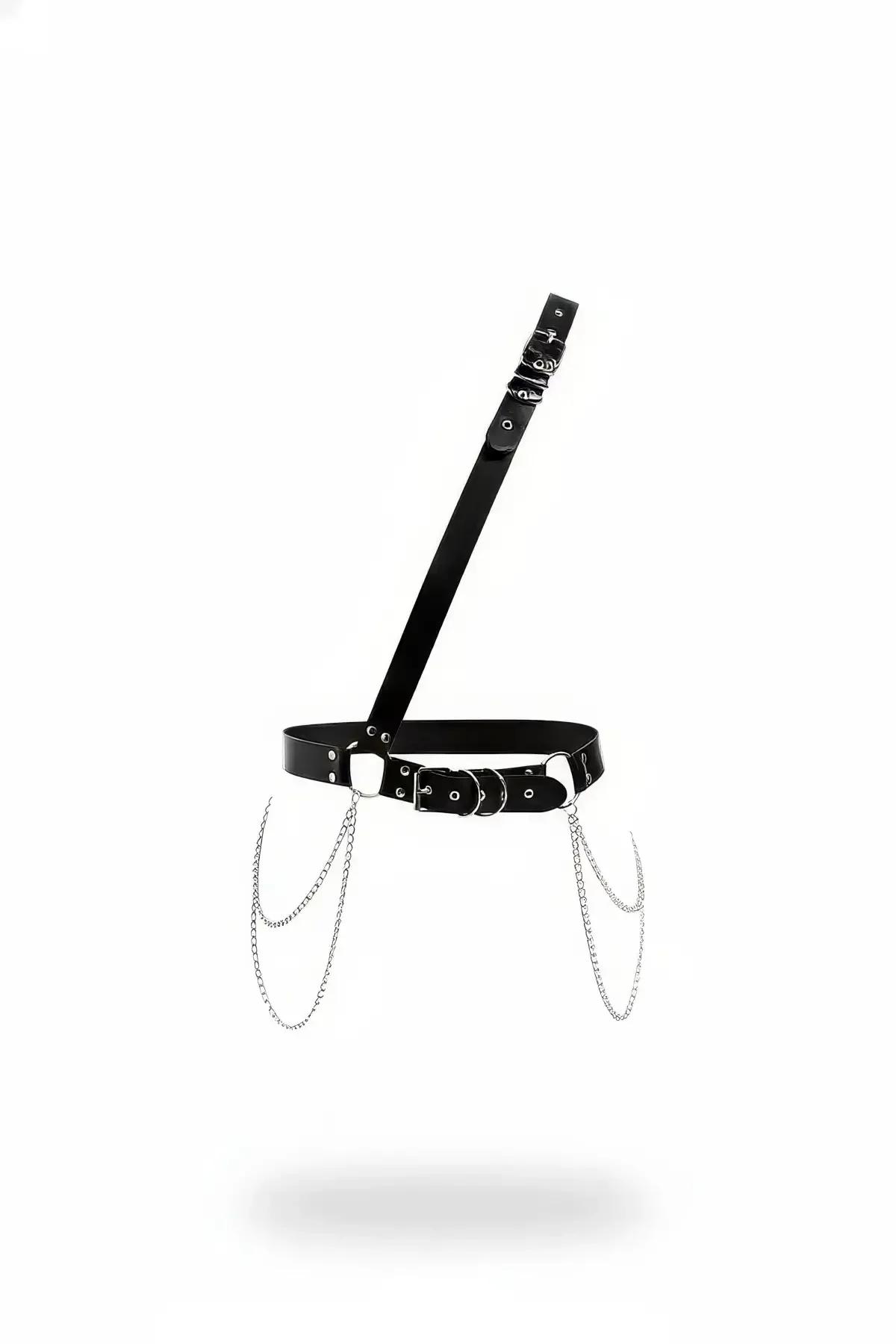 Siyah suni deri vücut harness tek omuz askılı gümüş zincir detaylı bel bandı