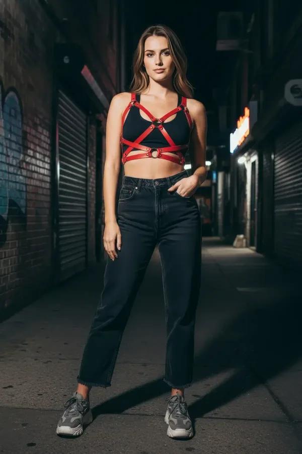Kırmızı vegan deri çapraz vücut harness gümüş O-halka ve perçin detaylı siyah bodysuit üstüne giyilmiş