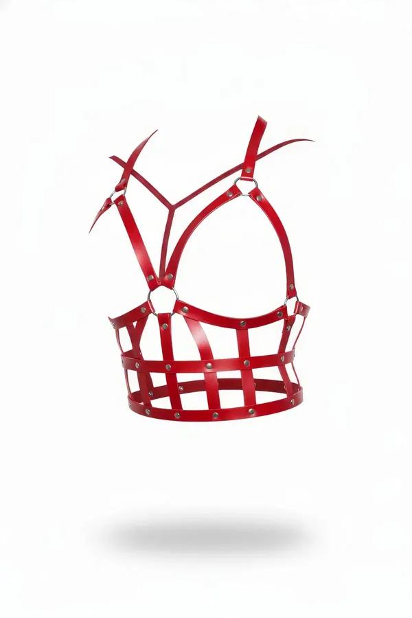 red faux leather cage body harness top with silver studs and O-ring, structured grid bodice, adjustable halter straps