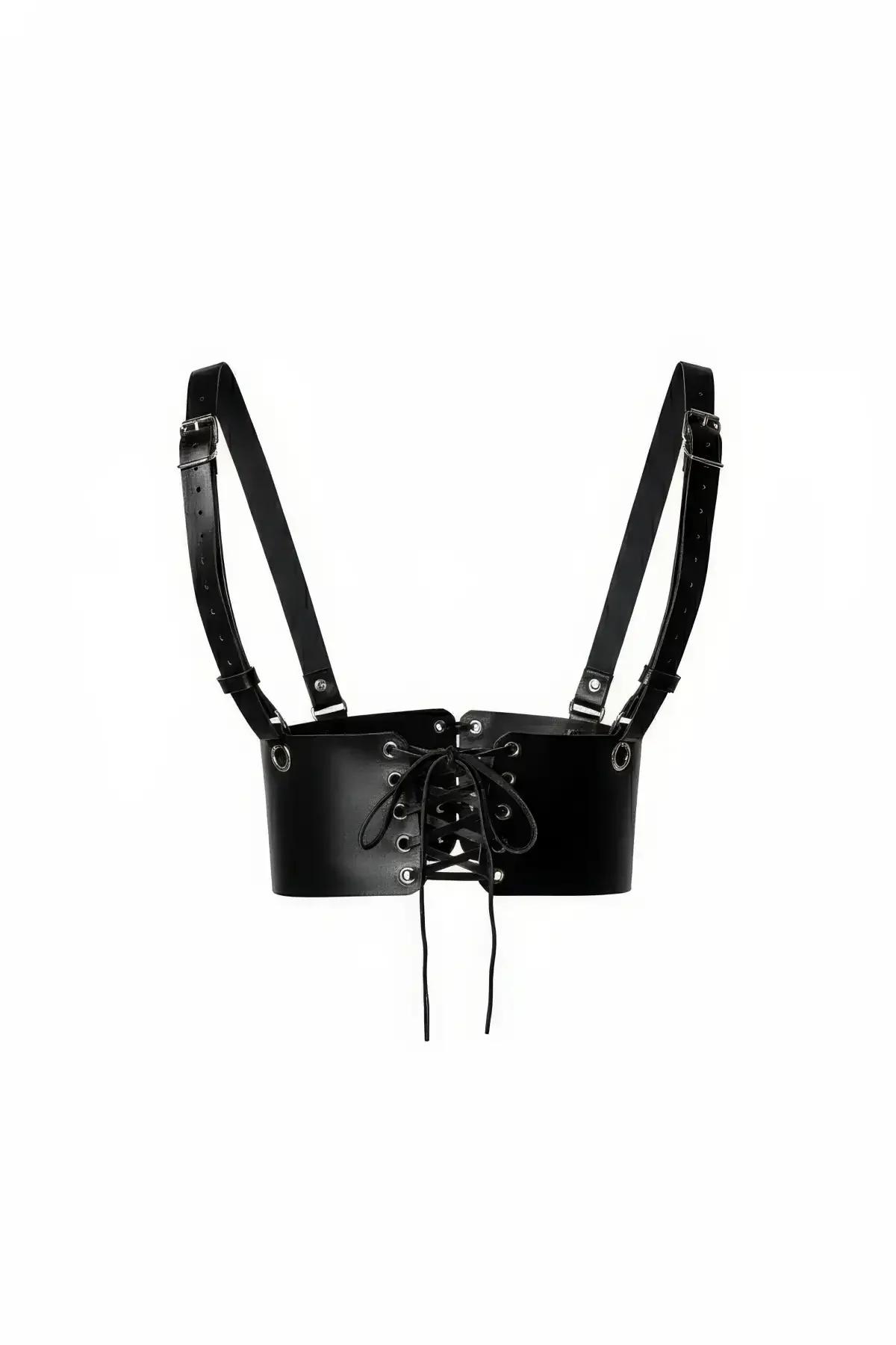 Siyah faux leather geniş korse kemer ön bağcık metal halka detaylı ayarlanabilir omuz askılı