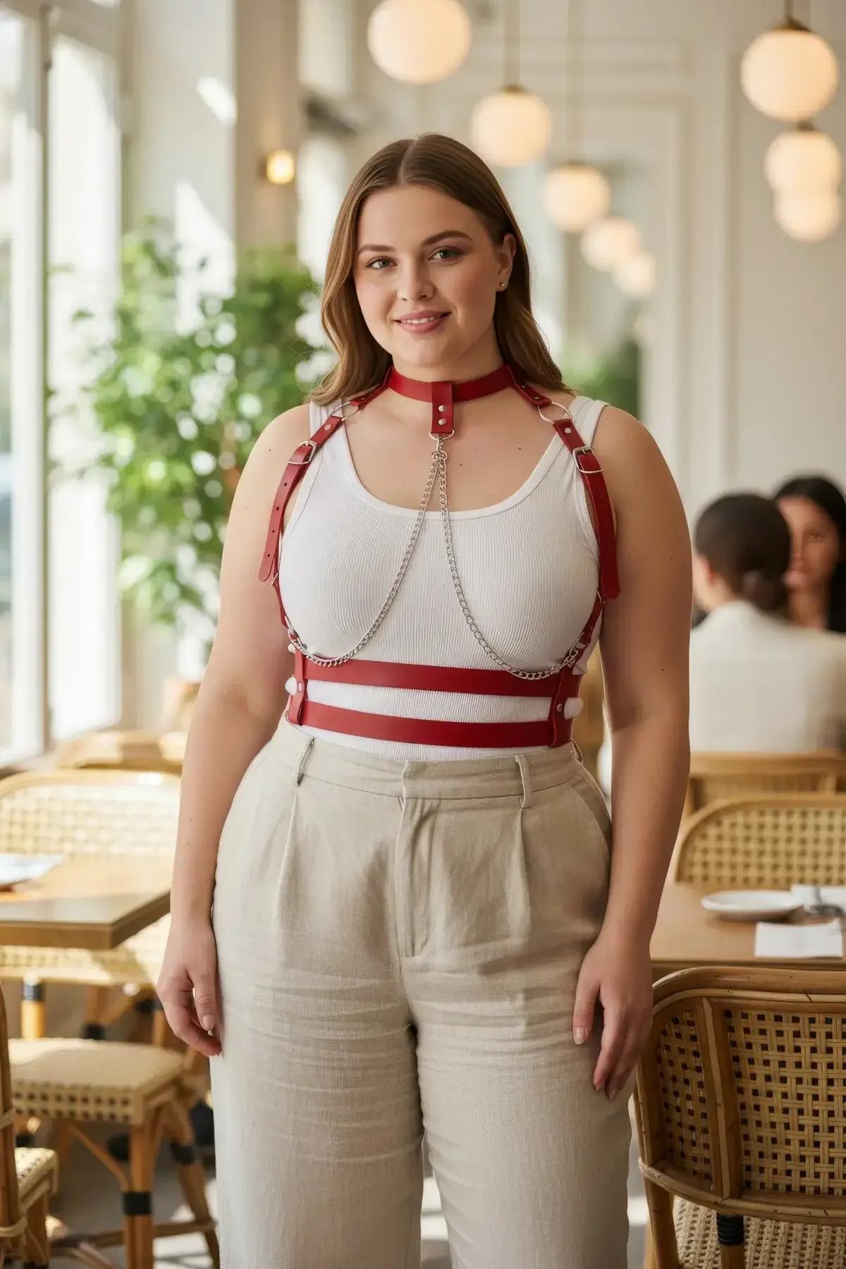 red faux leather chest harness with silver chains and integrated choker worn over white tank top