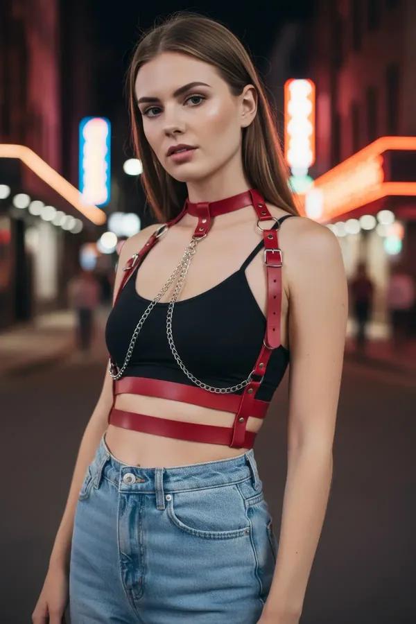 Kırmızı vegan deri vücut koşumu gümüş zincir ve toka detaylı, siyah crop top üzerine giyilmiş