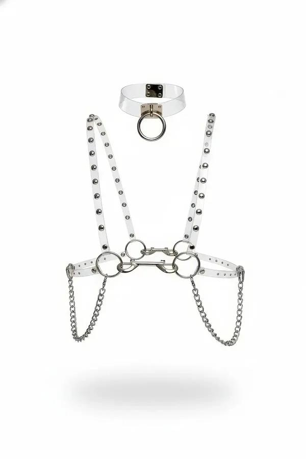 Clear PVC body harness set with silver dome studs, O-rings and hanging chains, plus matching transparent studded choker colla