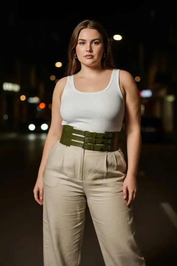 olive green triple-strap corset waist harness belt with silver eyelet buckles worn over white camisole