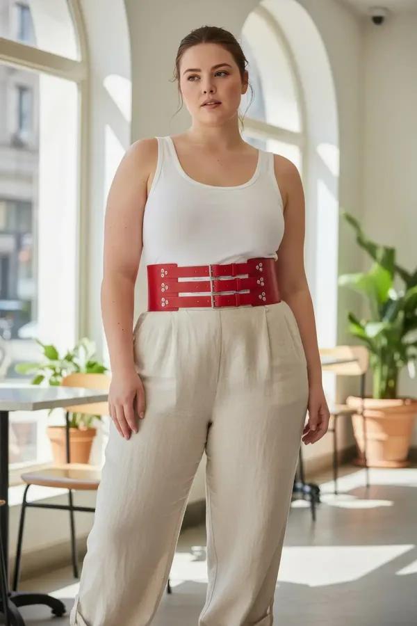 red faux leather wide waist cinch harness belt with three silver double-bar buckle straps on plus-size model