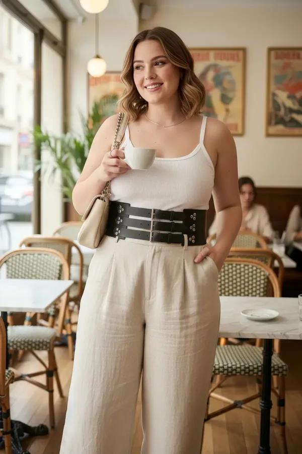 black faux leather wide waist harness belt with three silver buckle straps worn over white tank top
