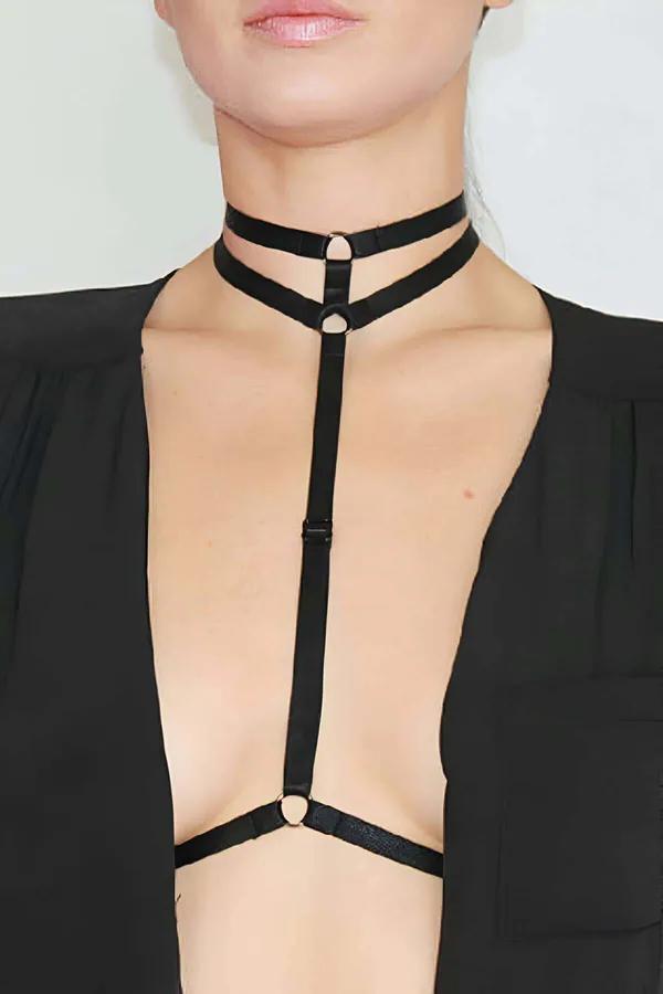 siyah lastik boyun harness çift bantlı choker altın D-halka göğüs şeridi