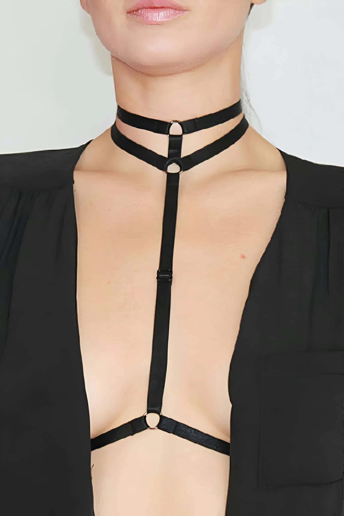siyah lastik boyun harness çift bantlı choker altın D-halka göğüs şeridi