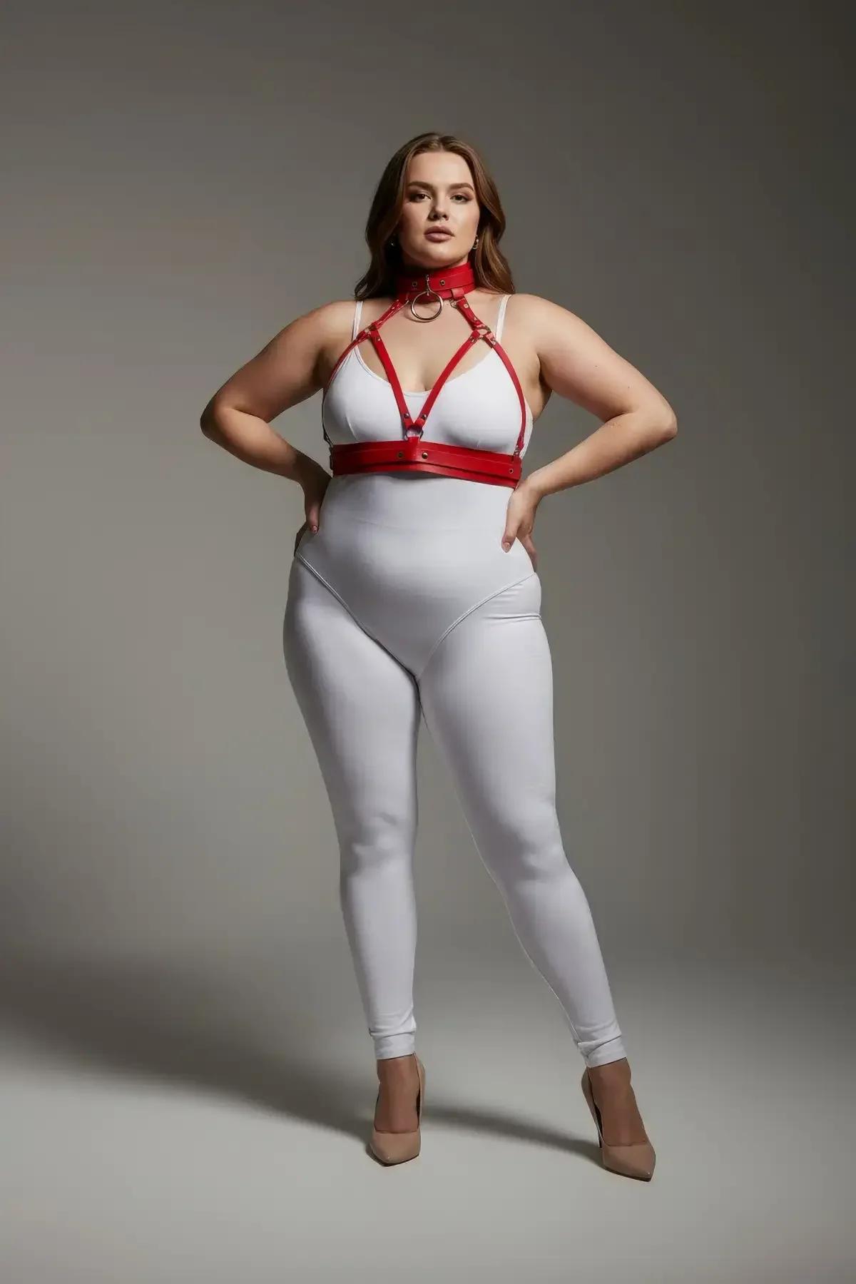 red faux leather strappy chest harness with matching choker collar and gold O-ring on plus size model