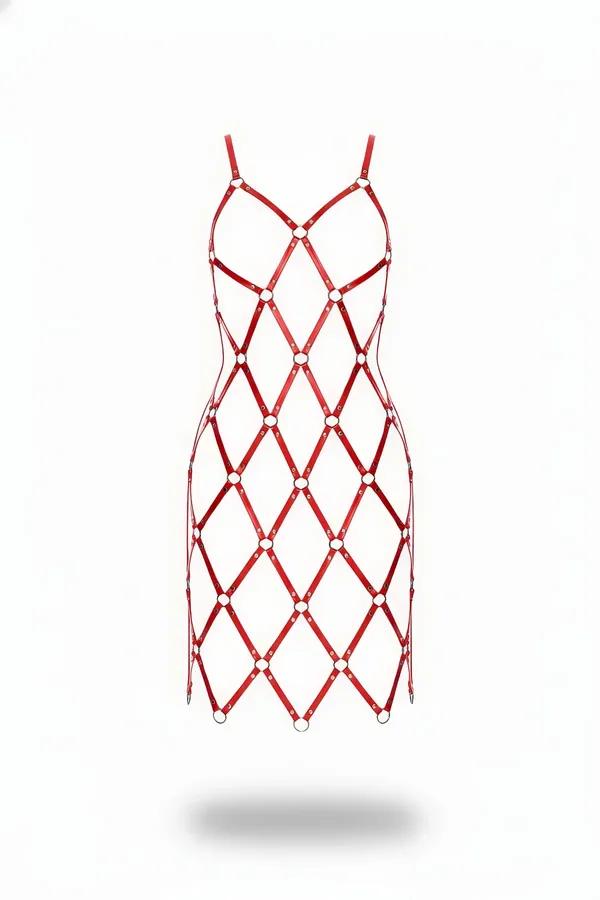 red faux leather diamond cage full body harness dress with silver O-rings at every intersection, mid-thigh length