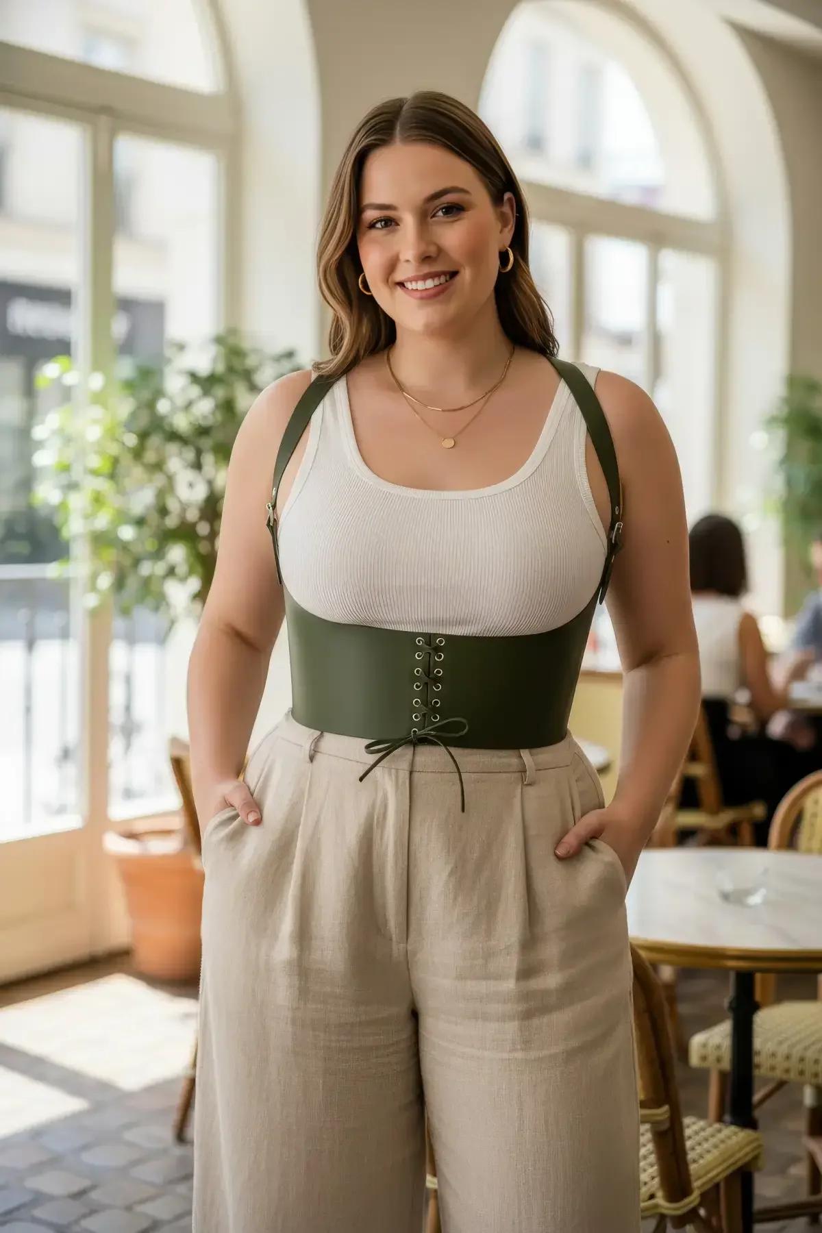 olive green faux leather lace-up underbust corset harness with adjustable shoulder straps worn over white ribbed tank top