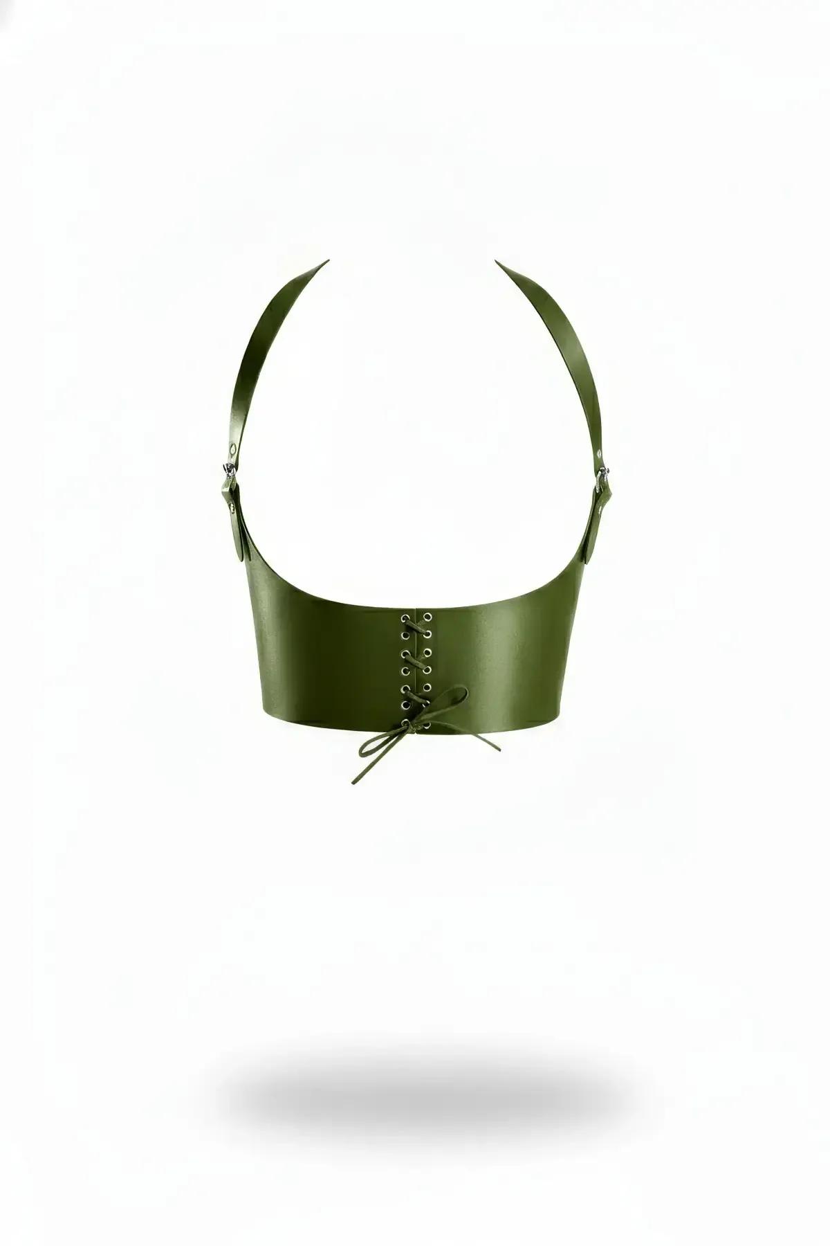 olive vegan leather underbust harness with front lacing and silver buckles, matte finish