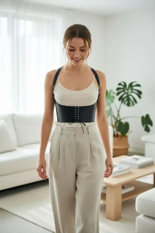 Siyah geniş korsaj kemer bağcıklı ön detay metal halka gözler beyaz crop top üzerine sokak kombininde