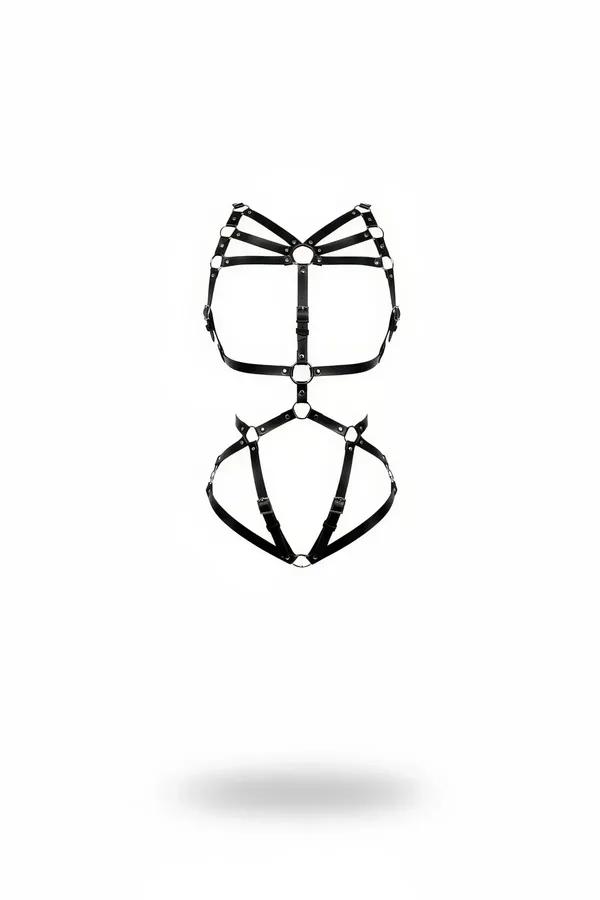 siyah suni deri tam vücut body harness metal gümüş O-halka detaylı geometrik kafes şerit tasarım