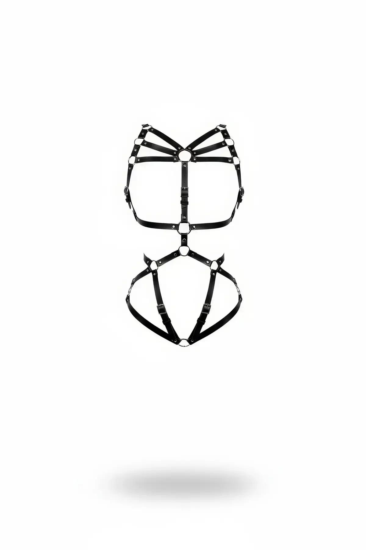 black faux leather strappy o-ring full body harness with five-strap chest cage and silver hardware