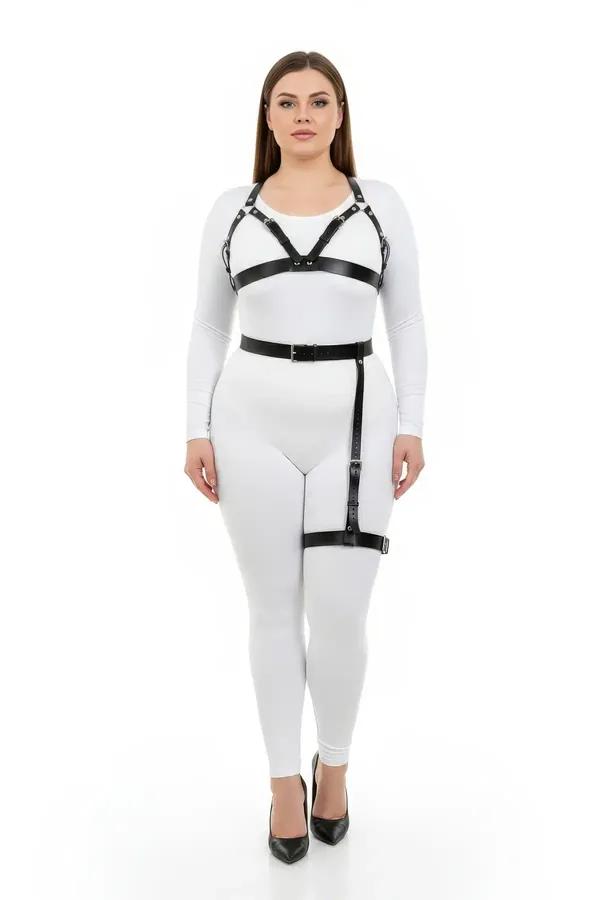 büyük beden siyah vegan deri harness takım jartiyer kemerli gümüş tokalı göğüs bel uyluk bandı
