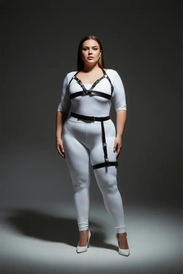 büyük beden siyah vegan deri harness takım jartiyer kemerli gümüş tokalı göğüs bel uyluk bandı