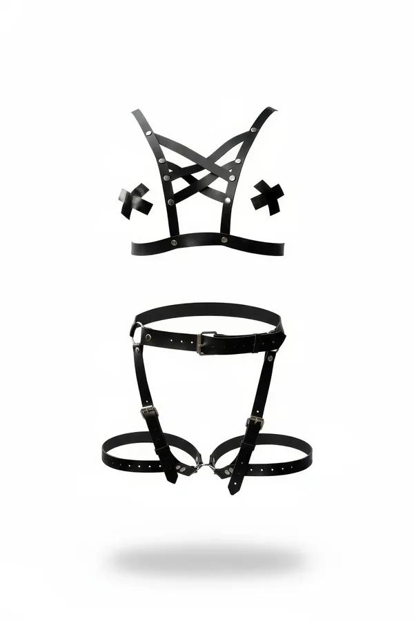 siyah vegan deri zımbalı çapraz bantlı harness takım üst harness ve bacak harness seti