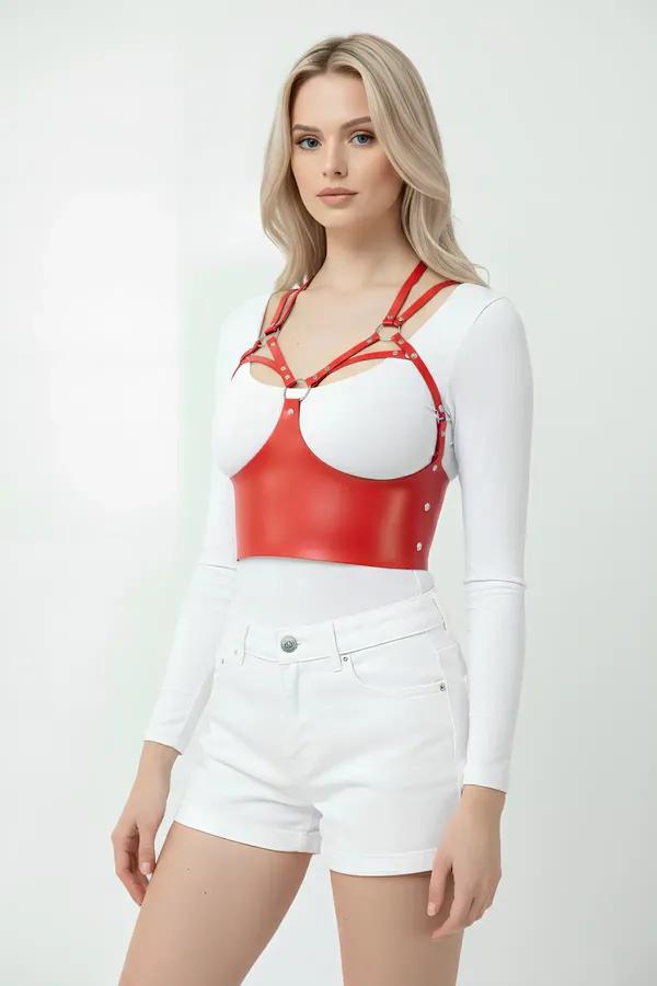 kırmızı vegan deri korse harness kadın vücut aksesuarı gümüş O-ring ve çıtçıt detaylı çoklu askı
