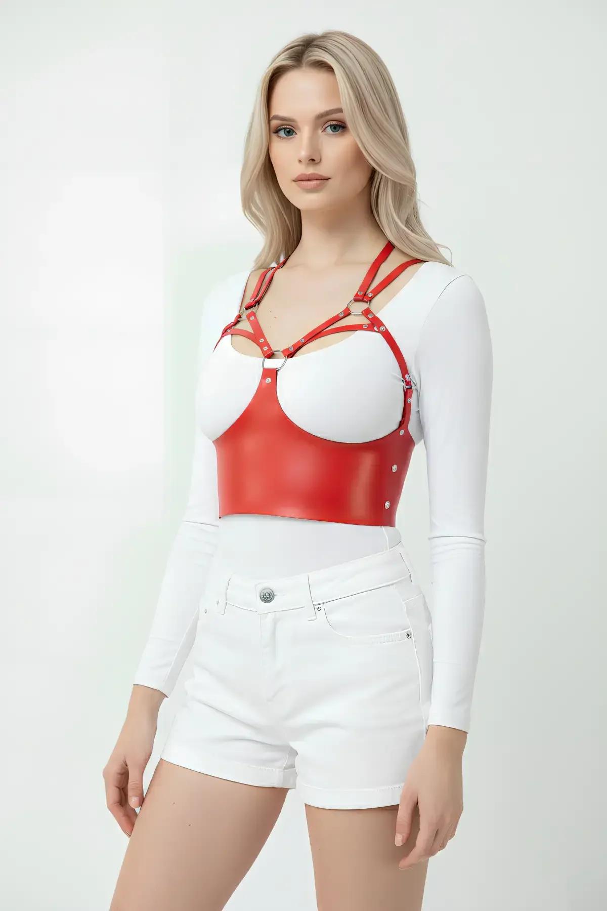 red faux leather panel chest harness with silver O-rings and adjustable triple shoulder straps, semi-gloss finish