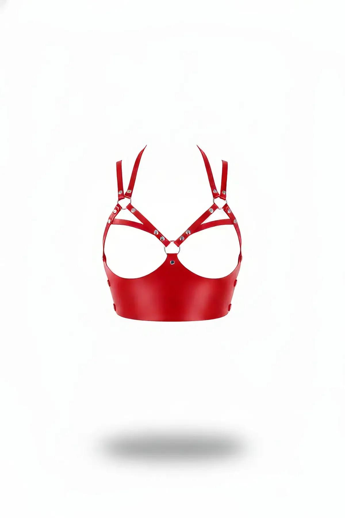 red faux leather open cup bustier harness with silver stud rivets and center O-ring, front view
