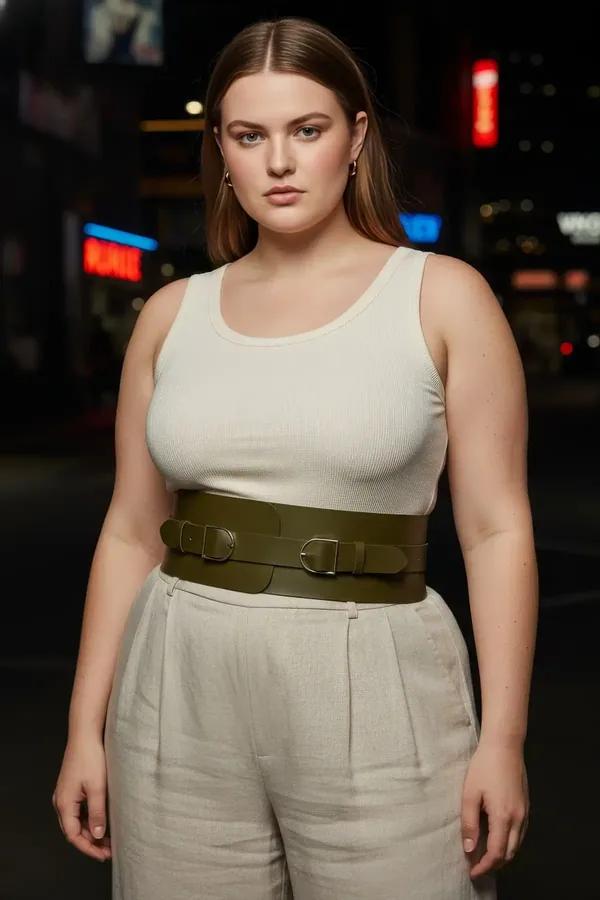 wide olive green vegan leather waspie waist belt with double silver D-ring buckles worn over white tank and beige trousers