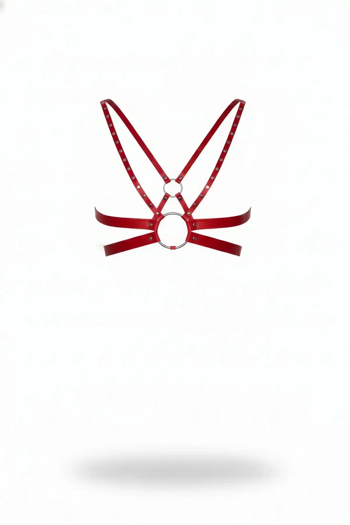 red faux leather chest harness with silver O-rings and dome stud details, criss-cross strap design