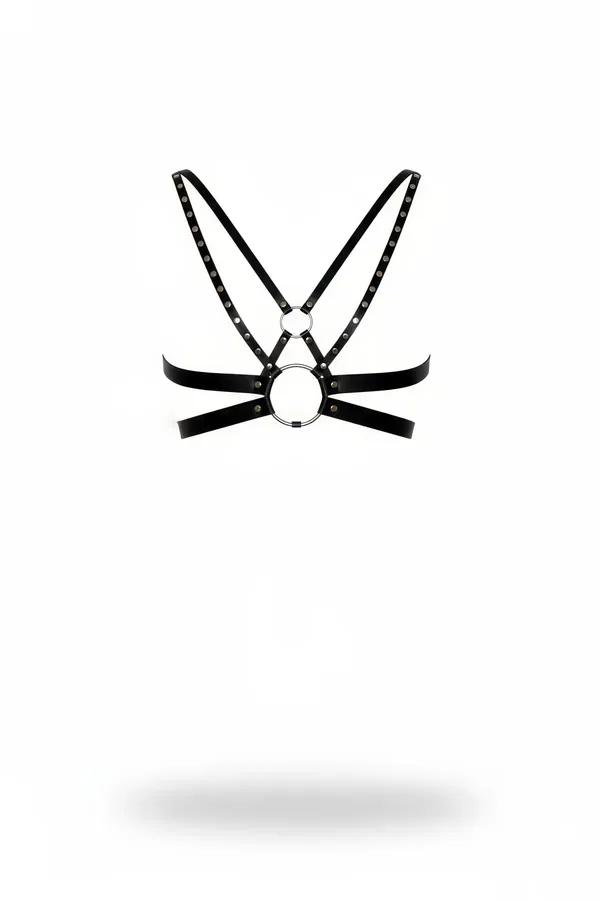 Black studded faux leather chest harness with dual silver O-rings and X-cross strap configuration