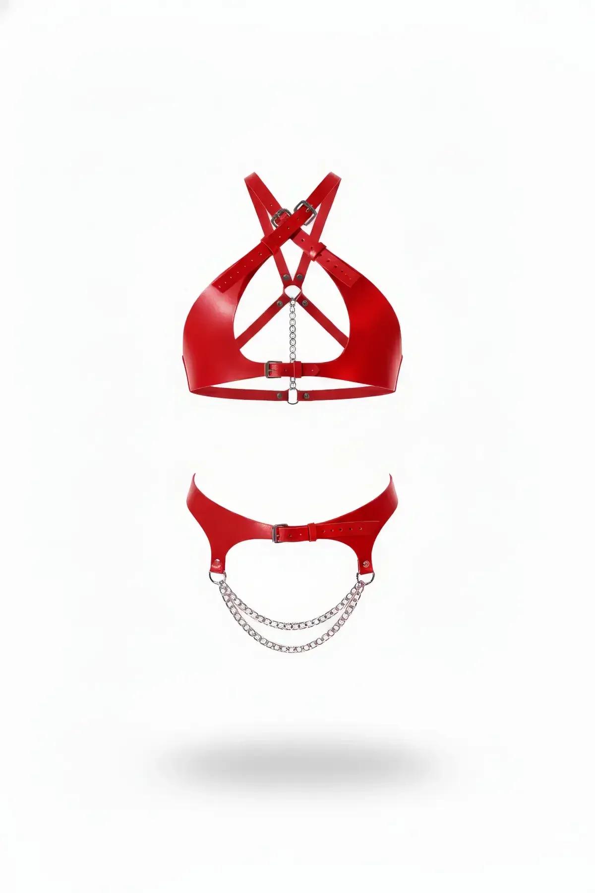 red faux leather halter harness top and waist belt set with double draping silver chains