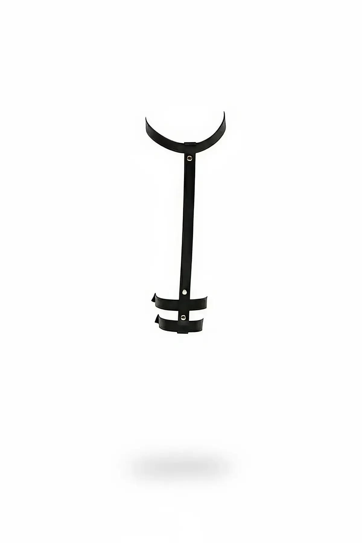Black faux leather thigh garter with high neck collar connected by single adjustable centre strap and gold-tone rivets