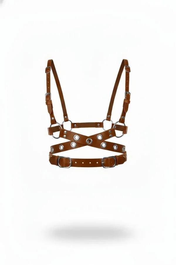 tan faux leather criss-cross chest harness with silver O-rings grommets and dual D-ring waist buckles
