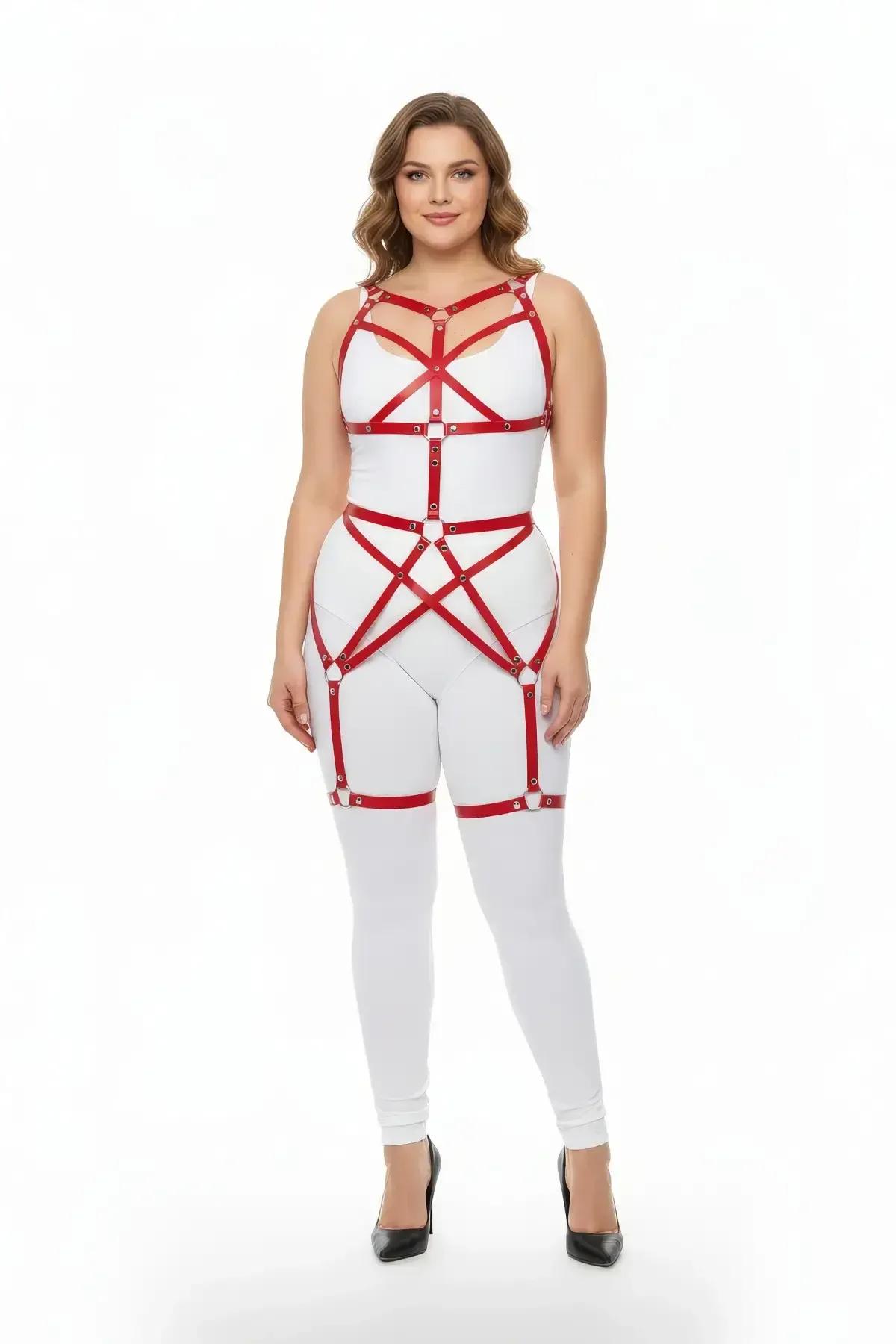red faux leather full body harness with geometric star torso straps and silver eyelet hardware extending to upper thigh bands