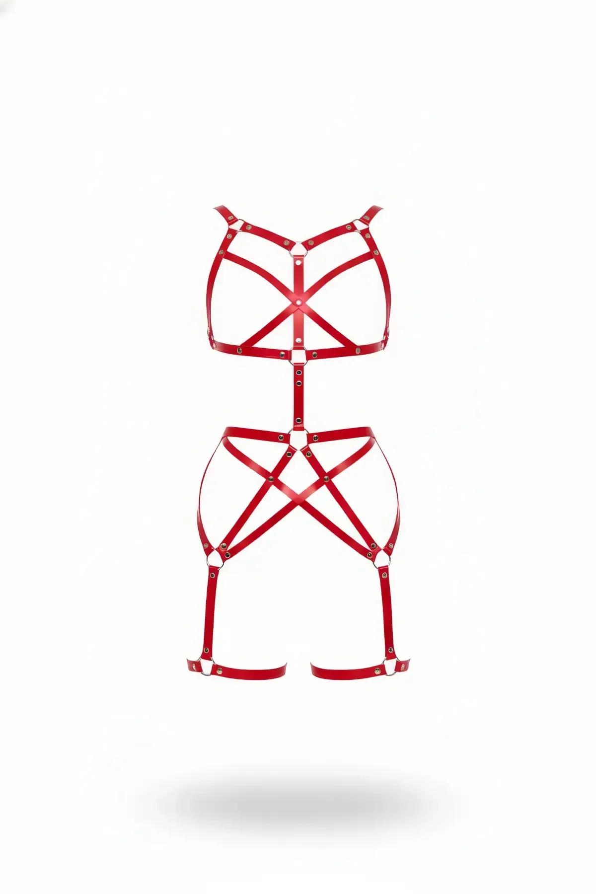 red faux leather strappy full body harness with o-ring hardware cross-strap chest and thigh bands