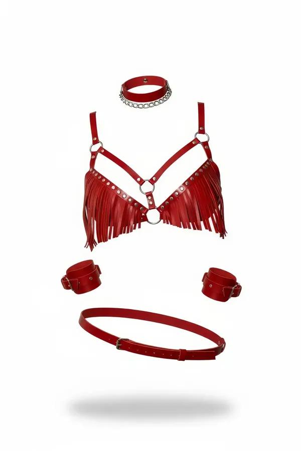 Kırmızı vegan deri püsküllü harness takım 5 parça gümüş metal halka choker bilek bandı kemer