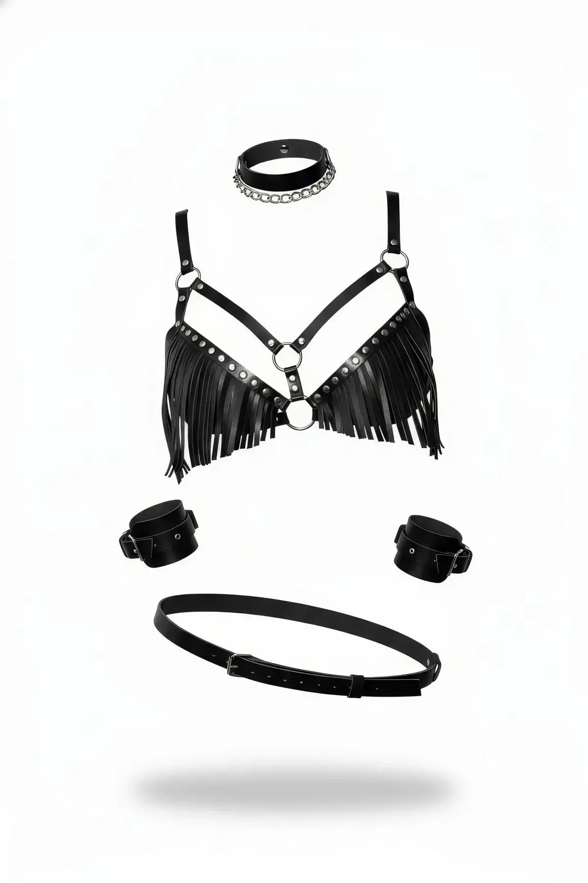 siyah suni deri püsküllü harness takım seti gümüş O-halka zımba zincirli choker bilek kelepçesi kemer