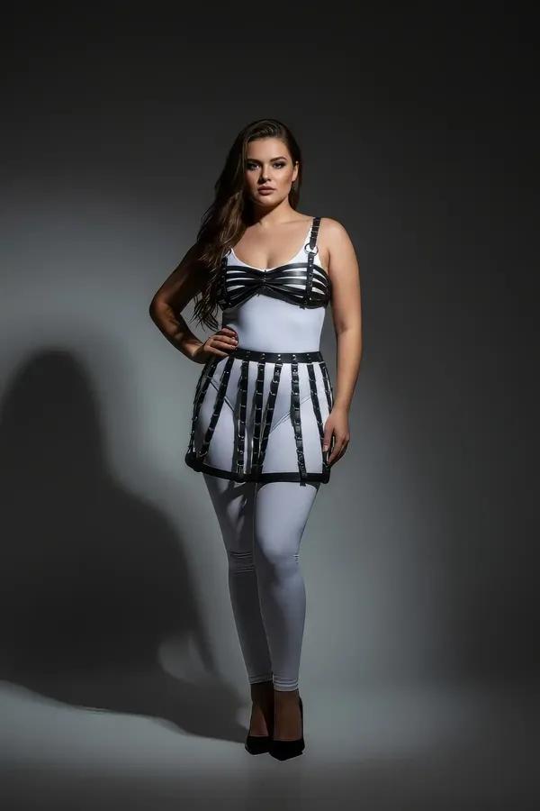 Black faux leather cage harness skirt with silver rivets on waistband worn over white leggings, vertical strap construction