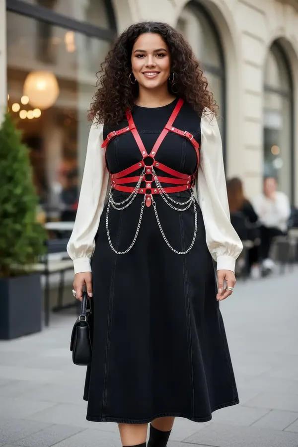red faux leather chest harness with draping silver chains and O-ring worn over black dress, street style