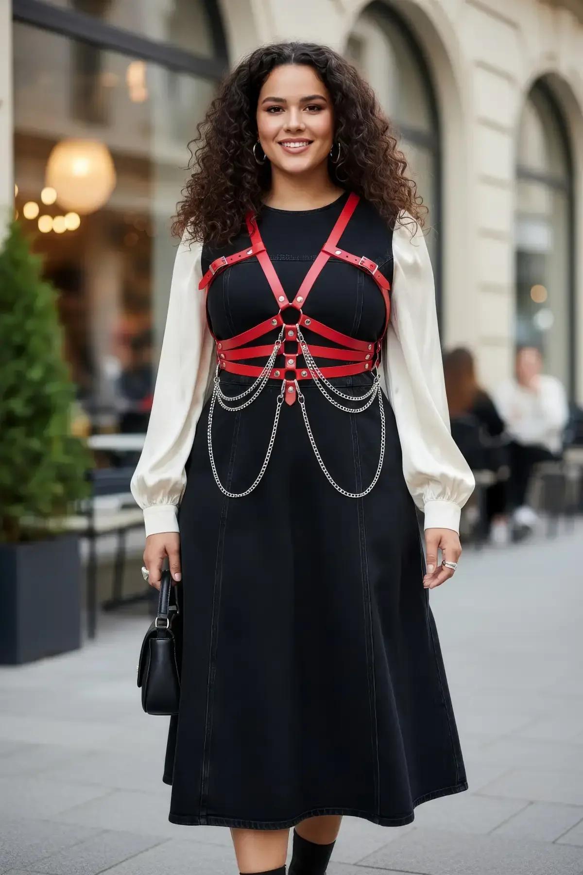 red faux leather chest harness with draping silver chains and O-ring worn over black dress, street style