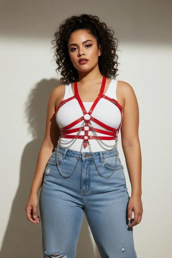 red faux leather chest harness with draping silver chains and O-ring worn over black dress, street style