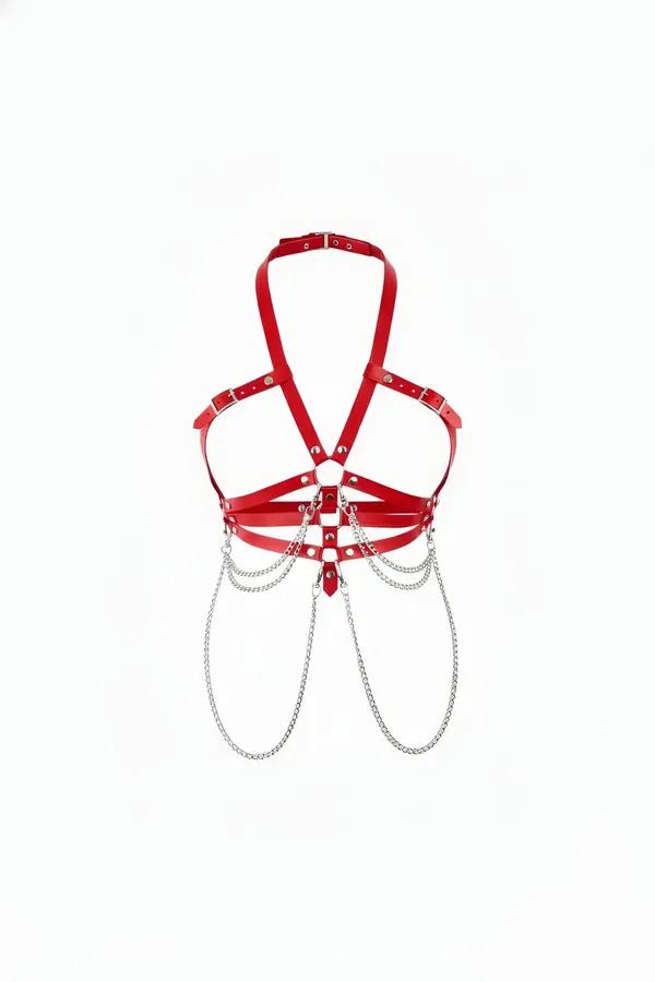 Red faux leather halter harness with multi-strand silver draping chains and O-ring chest detail