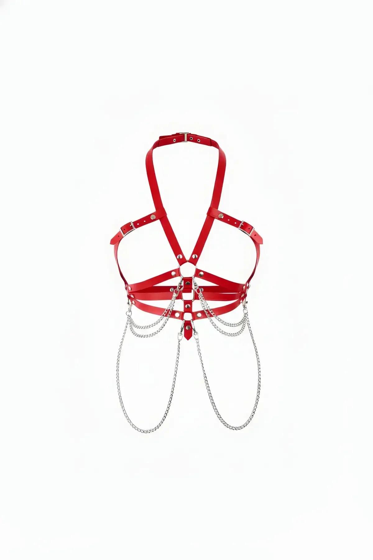 Red faux leather halter harness with multi-strand silver draping chains and O-ring chest detail
