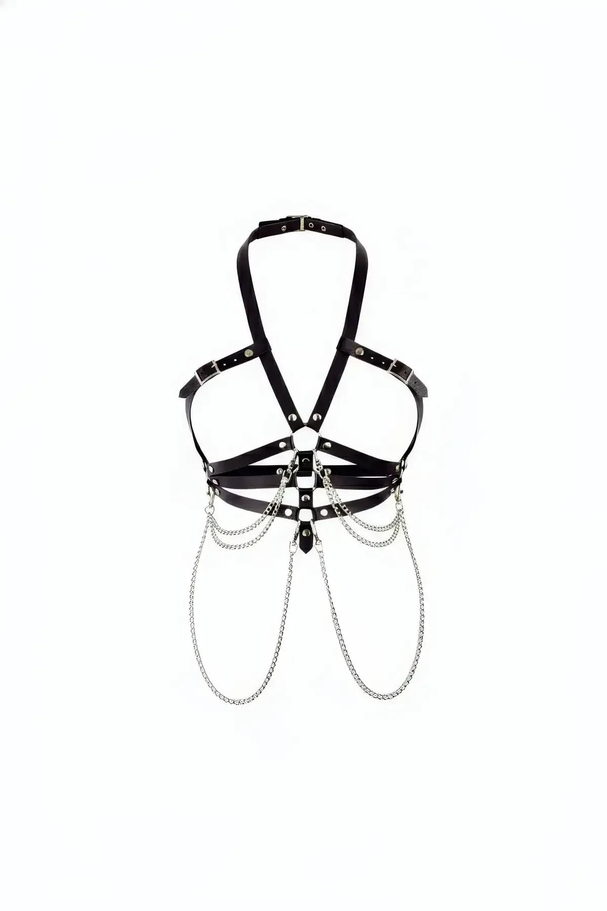 black faux leather halter body harness with layered silver draped chains across torso and silver stud hardware