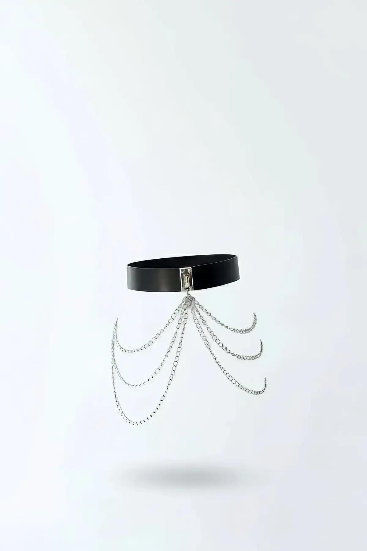 black faux leather waist harness belt with five-layer silver-tone draped chains and rectangular buckle front view