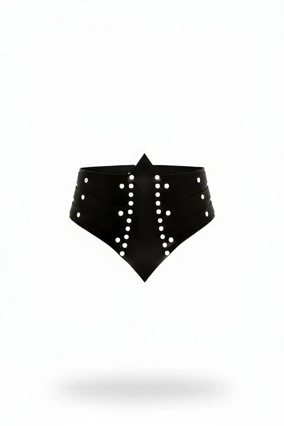 black faux leather waist cincher with silver dome studs and double pointed hem front view